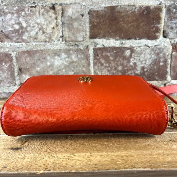Tory Burch 'Robinson' Tangerine Orange Leather Crossbody w/ Gold Hardware Chain - Picture 8 of 13